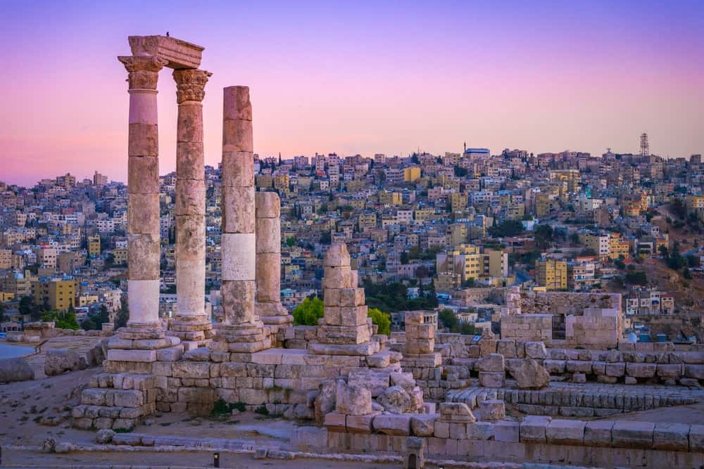Roman ruins amid the cityscape of Amman, Jordan