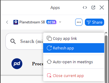 A dropdown menu is open in the Apps section, showing options: Copy app link, Refresh app (highlighted), Auto-open in meetings, and Close current app.